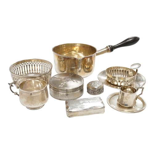 A 19th century French white metal brandy pan, indistinct marks ...