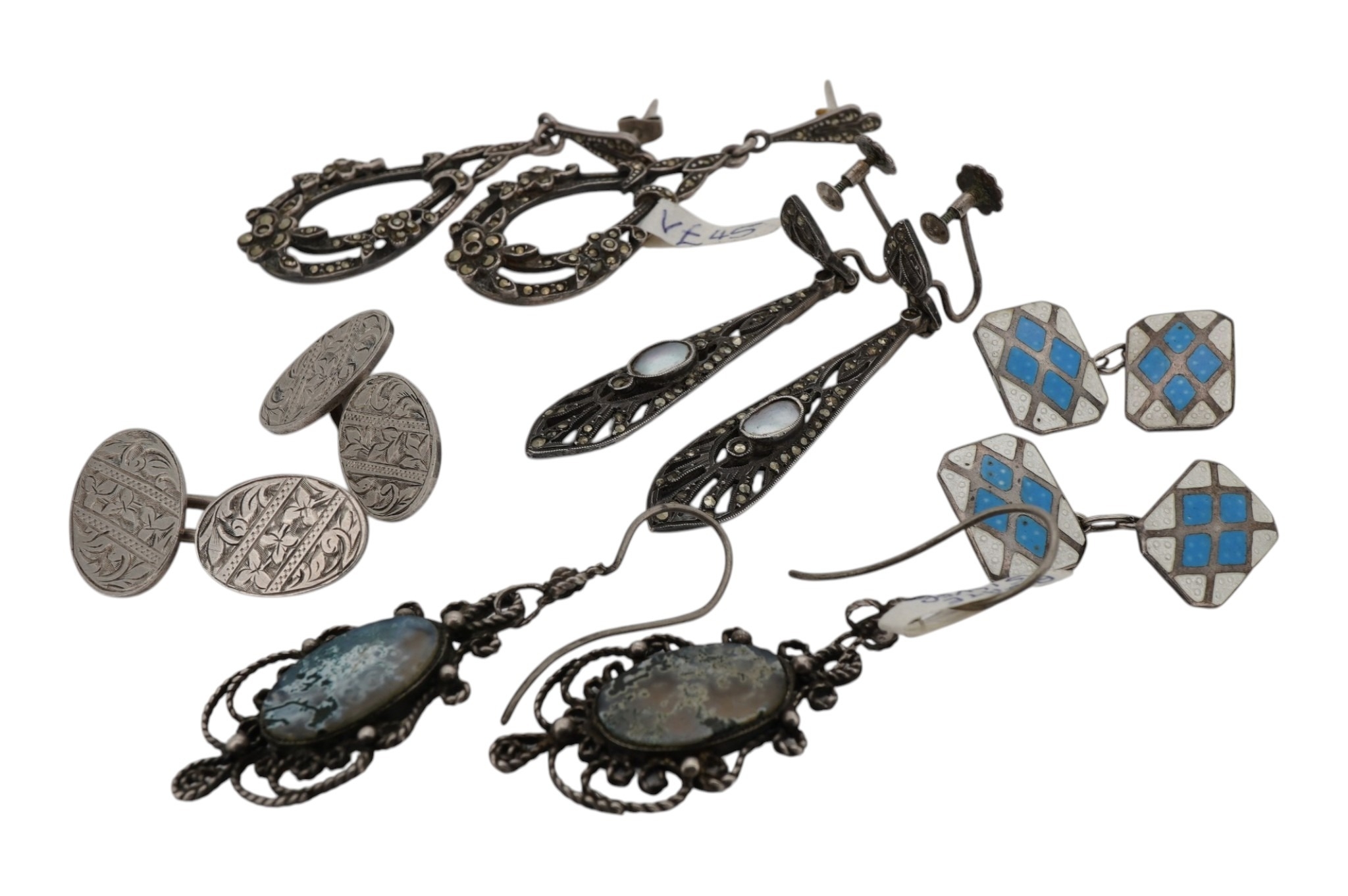 Three assorted pairs of white metal drop earrings or ear clips ...
