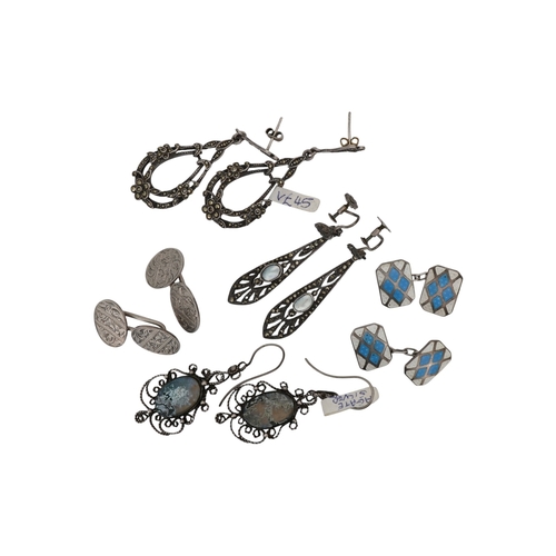 Three assorted pairs of white metal drop earrings or ear clips ...