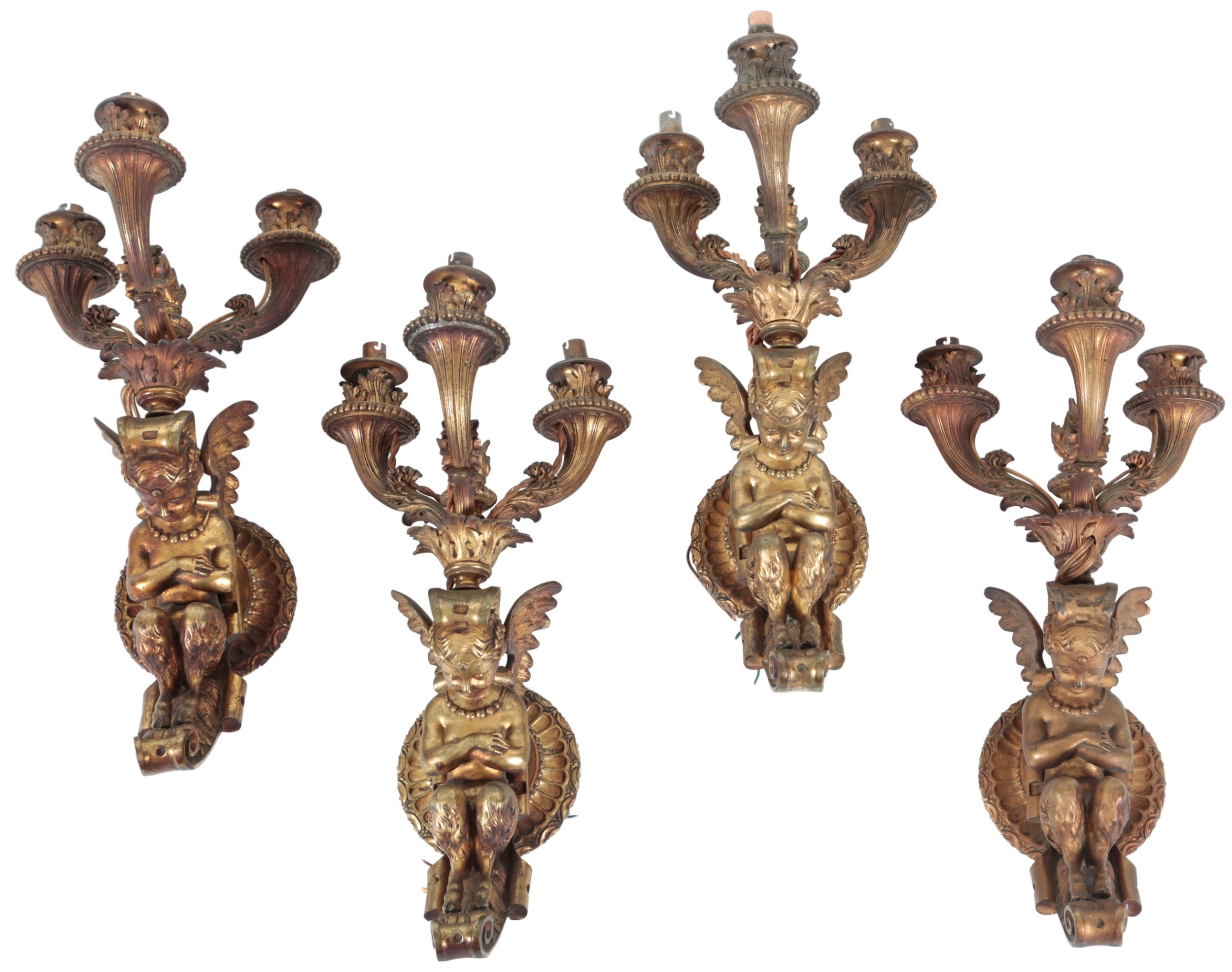 A set of four French ormolu figural wall lights, late 19th century,each ...