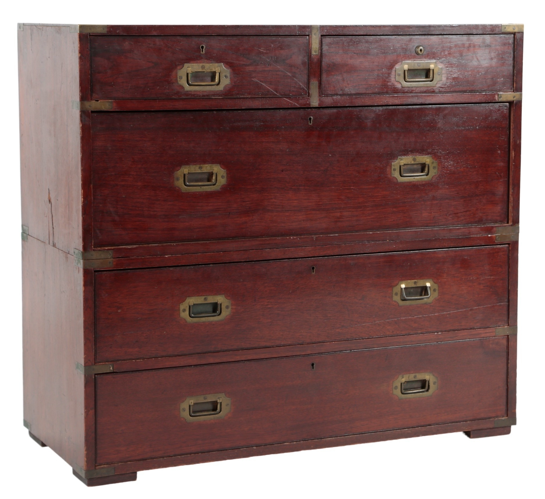 A 19th century teak campaign chest, in two sections, the upper with two ...