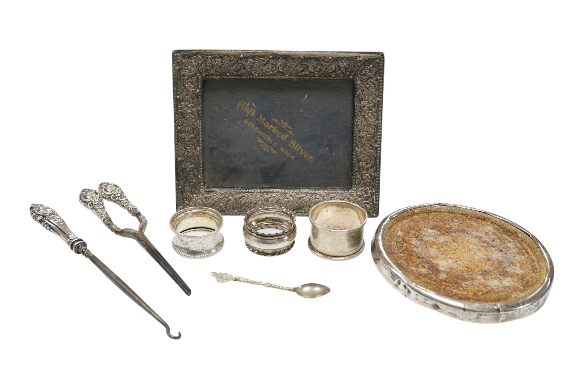 A small selection of silver items to include a late Victorian mounted ...