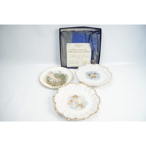 102 - A Trio of Decorative Bone China Plates including a John Gould Barn Owl IllustrationA trio of Engli... 