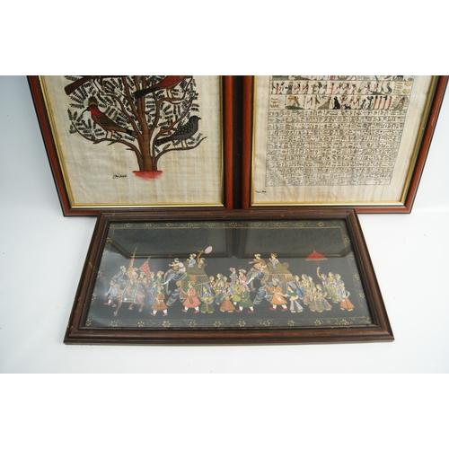 61 - A Trio of Framed Artworks Comprising Two Egyptian Papyrus Paintings and an Indian Miniature Style Pa... 
