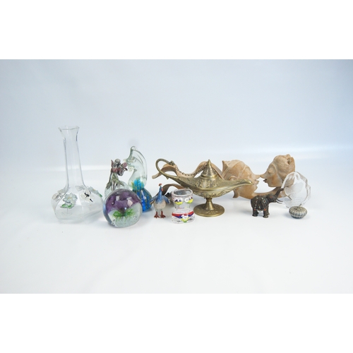 77 - A Collection of Decorative Glassware, Metalware, and Curiosities including a Genie-Style LampA col... 