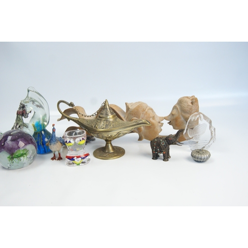 77 - A Collection of Decorative Glassware, Metalware, and Curiosities including a Genie-Style LampA col... 