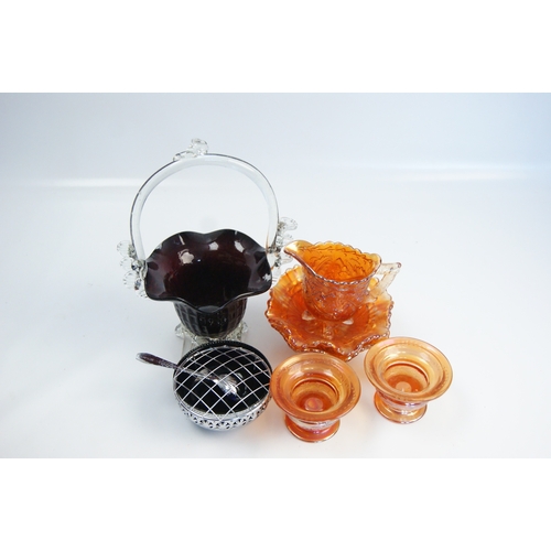 90 - A Collection of Iridescent Carnival Glass and Decorative MetalwareA group of decorative items comp... 