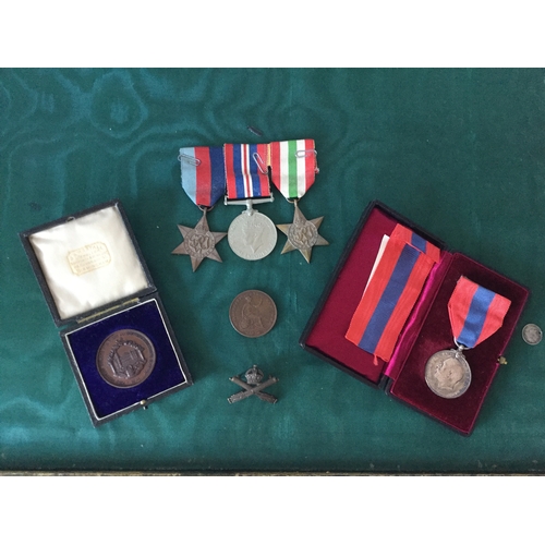 12 - A George V Civil Service medal, dated 1926,
together with a group of three WW2 medals, Victorian coi... 