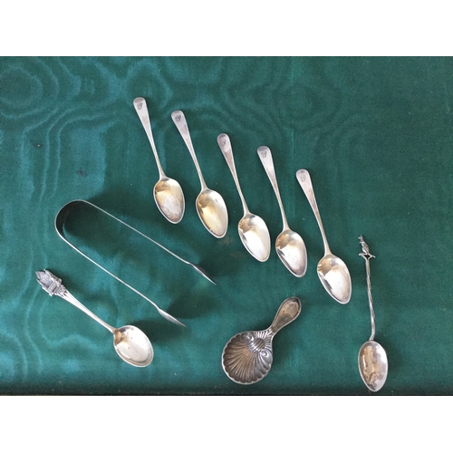 30 - A set of five Georgian silver teaspoons,
silver tongs, caddy spoon etc., various dates and makers -