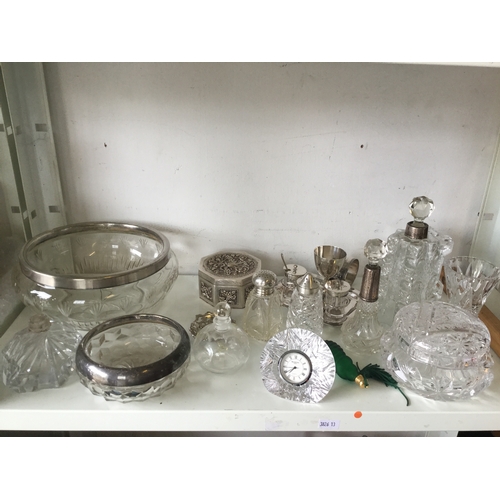 37 - A silver mounted bottle,
together with plated egg cruet, Waterford glass clock etc -