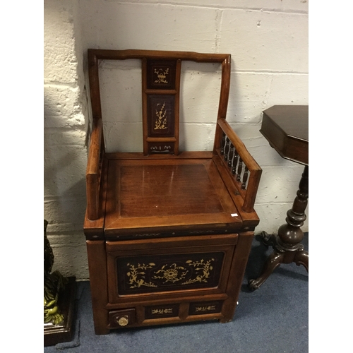 382 - A Chinese hardwood and inlaid commode/chair,
with inlaid panels, lift top seat above more inlay and ... 