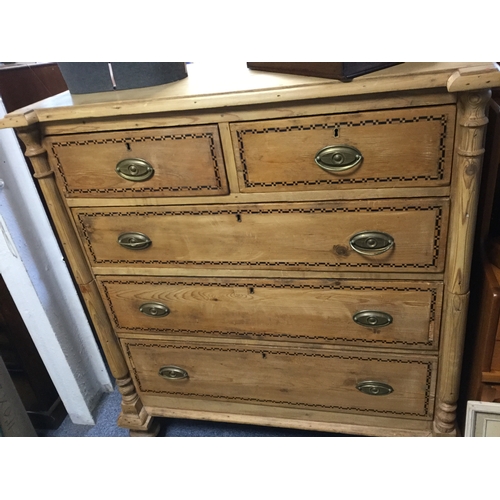 394 - An old pine chest of drawers,
fitted with two short and three long drawers with split pilasters, che... 