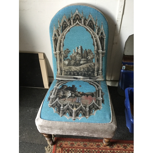 397 - A mid Victorian beadwork chair,
worked with a view of a ruined castle to the back, a moated castle s... 