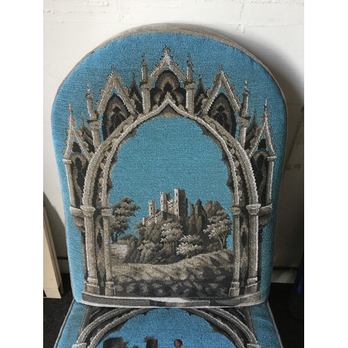 397 - A mid Victorian beadwork chair,
worked with a view of a ruined castle to the back, a moated castle s... 