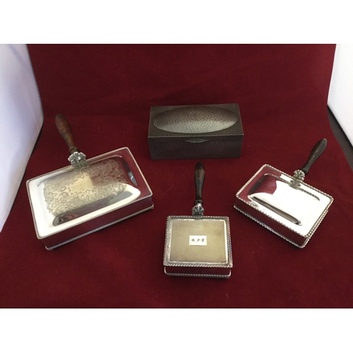 9 - Three silver plated cigarette boxes, 
each handled, and a pewter cigarette box (4) -
