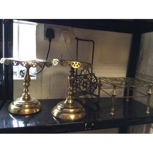 199 - Two Victorian brass circular stands, 
another square trivet with openwork detail etc -