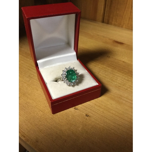 15 - An emerald ring,
the oval emerald in a border of 14 diamonds, in 18ct white gold mount -