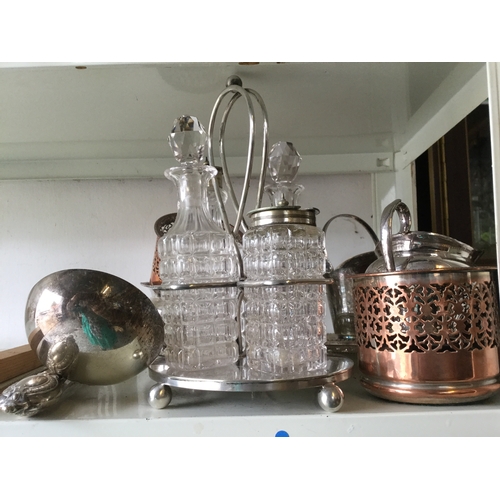 A silver plated cruet frame, together with assorted other plated wares
