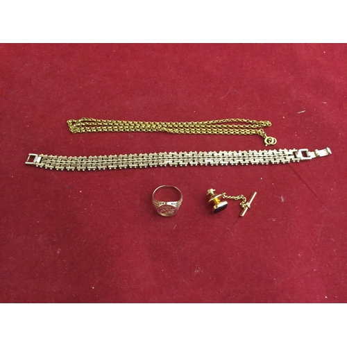 58 - A 9ct gold ring, together with a tie pin, a yellow metal chain and costume bracelet -