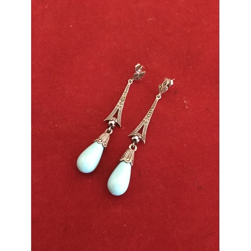 71 - A pair of Art Deco style silver ear-pendants, 
with marcasite and turquoise drops -