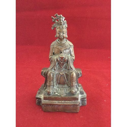 85 - A Chinese bronze of Mazu, or Lin Mo, 
the sea goddess, seated on a plinth, signature to reverse -