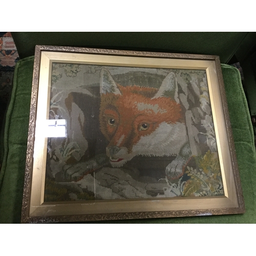 92 - A vintage needlework panel of a fox head, framed -