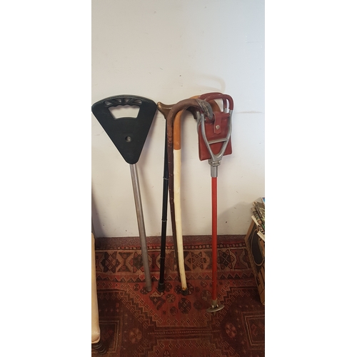 384 - A silver mounted walking stick, 
two other sticks and two shooting sticks -