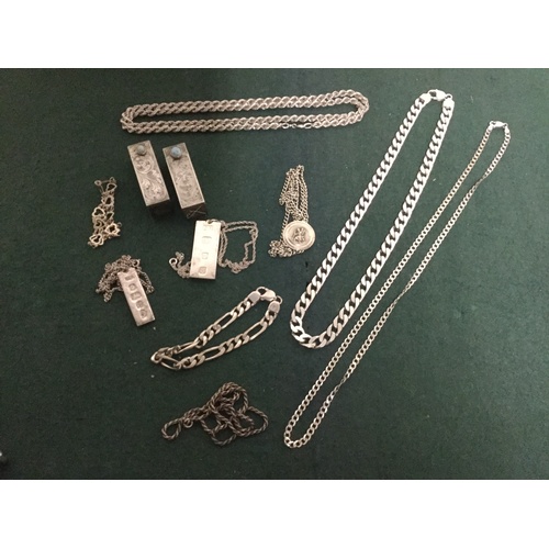 16 - A group of mostly silver jewellery, to include heavy curb link neckchain, two silver ingot pendants ... 