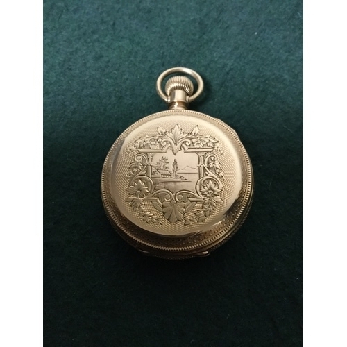 24 - A 14ct gold Waltham pocket watch, with engraved case, the dial signed AWC Waltham, with subsidiary d... 