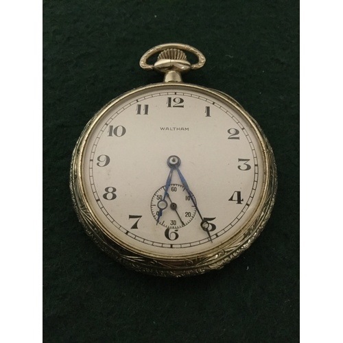 28 - A 14ct white gold Waltham open faced pocket watch, the signed dial with Arabic markers and subsidiar... 