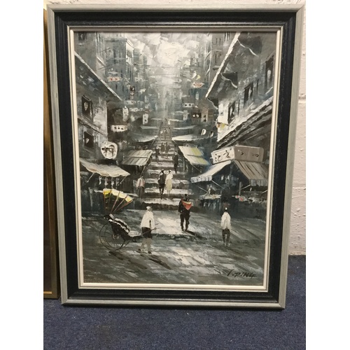 184 - T Ping, 20th Century - 
Old Hong Kong, acrylic on canvas -