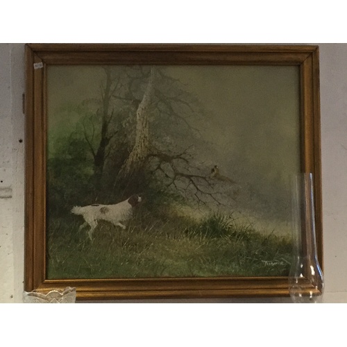 204 - 20th Century School - 
Oil on canvas of a dog chasing birds, indistinctly signed -