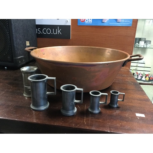 306 - A mixed lot, to include French scales, pewter measures, copper pan and bellows -