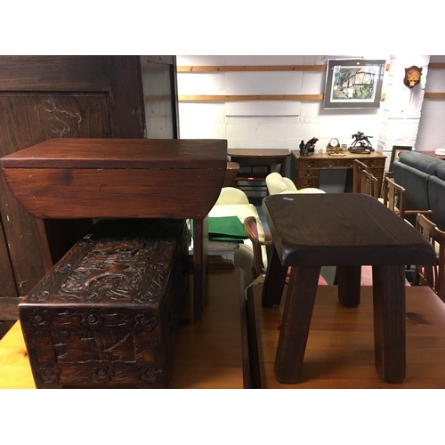 349 - An oak stool, a stained pine stool and a carved hardwood box (3) -