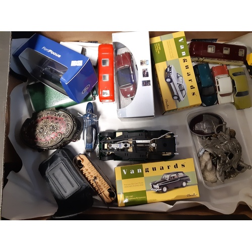 225 - A mixed lot, to include die cast toys, belt buckles, plated box and contents, binoculars etc -