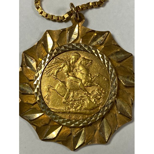 26 - A 1904 Sovereign, mounted as a pendant to 9ct gold mount and chain -