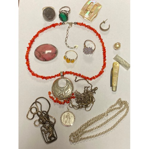 12 - A small quantity of silver jewellery, including St Christopher on chain, malachite ring, rhodochrosi... 