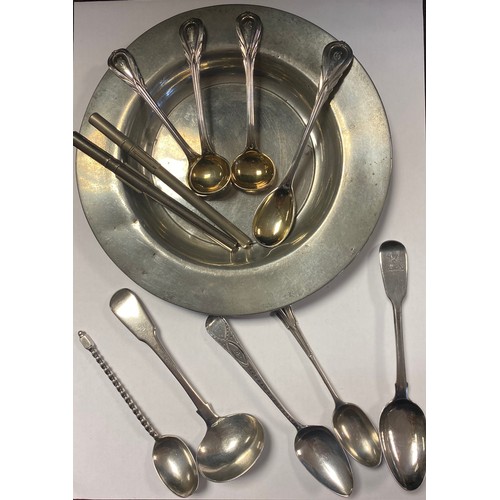 28 - A small mixed lot of silver spoons, various dates and makers, together with plated spoons, a pewter ... 