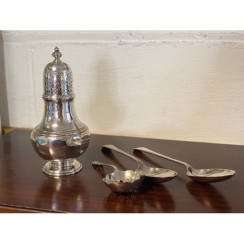 50 - A George V silver caster, Sheffield 1930, together with a silver sifter spoon and a pair of plated s... 