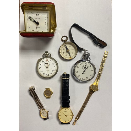 51 - Two open face stop watches, two Rotary wristwatches, a compass etc -