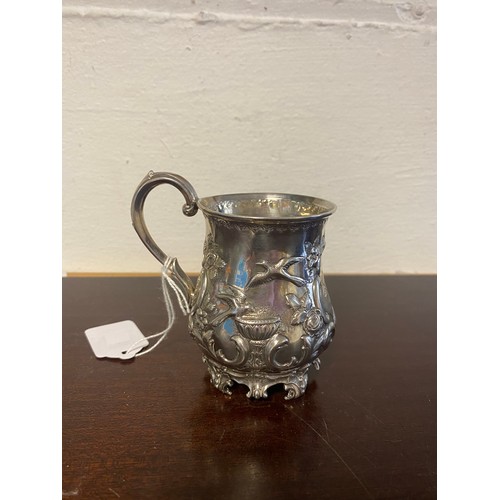 96 - A Victorian silver christening mug, Martin Hall & Co, Sheffield 1856, with rococo style scrolls, bir... 