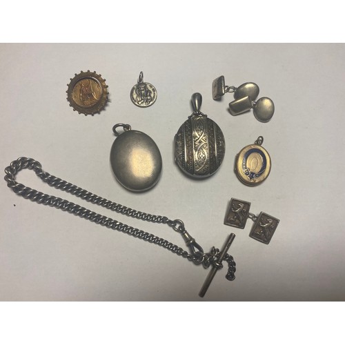 113 - A small lot of jewellery items, including two large silver lockets, a silver watch chain, rolled gol... 