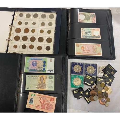 164 - Scripophily: two 'Paper Money Albums' and a small quantity of coinage -