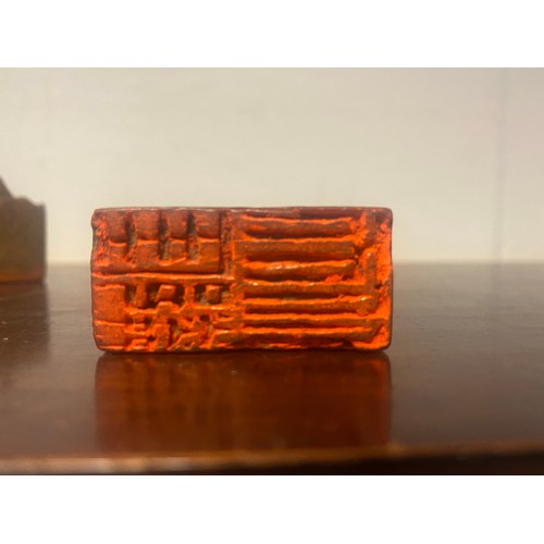 45 - Two Chinese bamboo root seals, each engraved with characters and carved and stained seal surface -