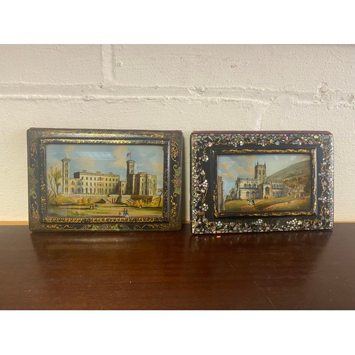 53 - A matched pair of 19th century papier mache and shell inlaid desk blotters, one with a view of Osbor... 