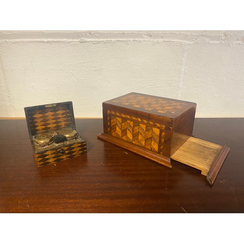 66 - A Victorian Tunbridgeware inkwell, the inlaid box containing brass inkwell and a pen wipe, together ... 