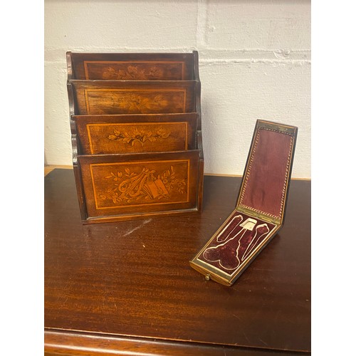 67 - A Victorian inlaid top stationery rack, inlaid with a lyre and other classical decoration, together ... 