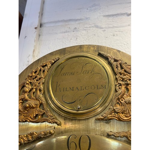 282 - A 19th century grandfather clock, the brass dial signed for James Park, Kilmalcolm with Arabic and R... 