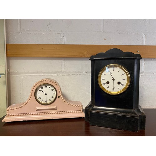 300 - A Victorian mantel clock and another smaller, later painted (2) -