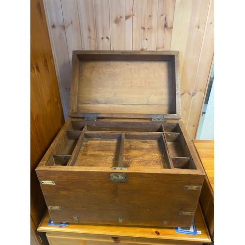 333 - A 19th century brass mounted strong box/trunk, with side carry handles and partially fitted interior... 